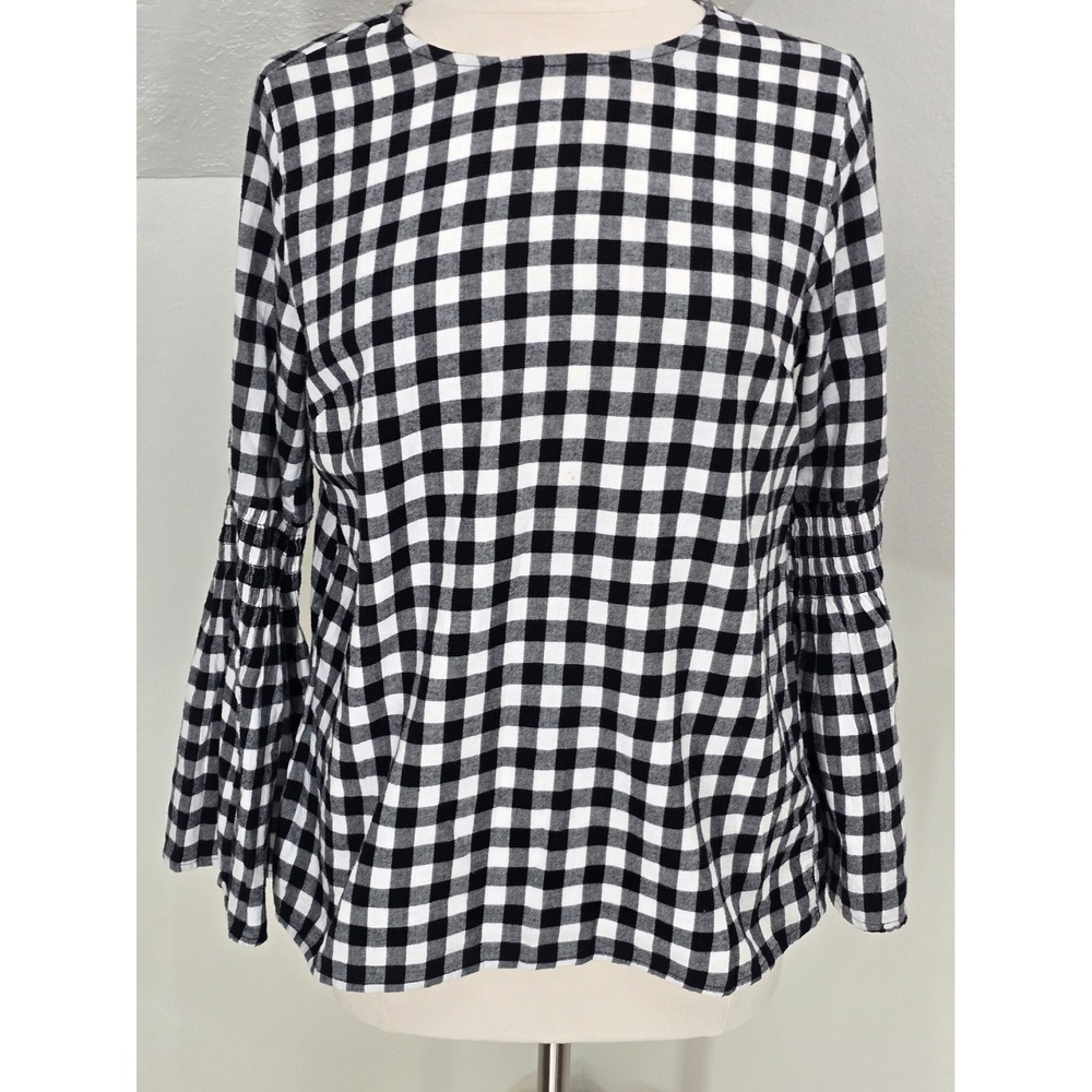 Beach Lunch Lounge Black White Check Sz Medium Flannel Top Smocked Bell Sleeves